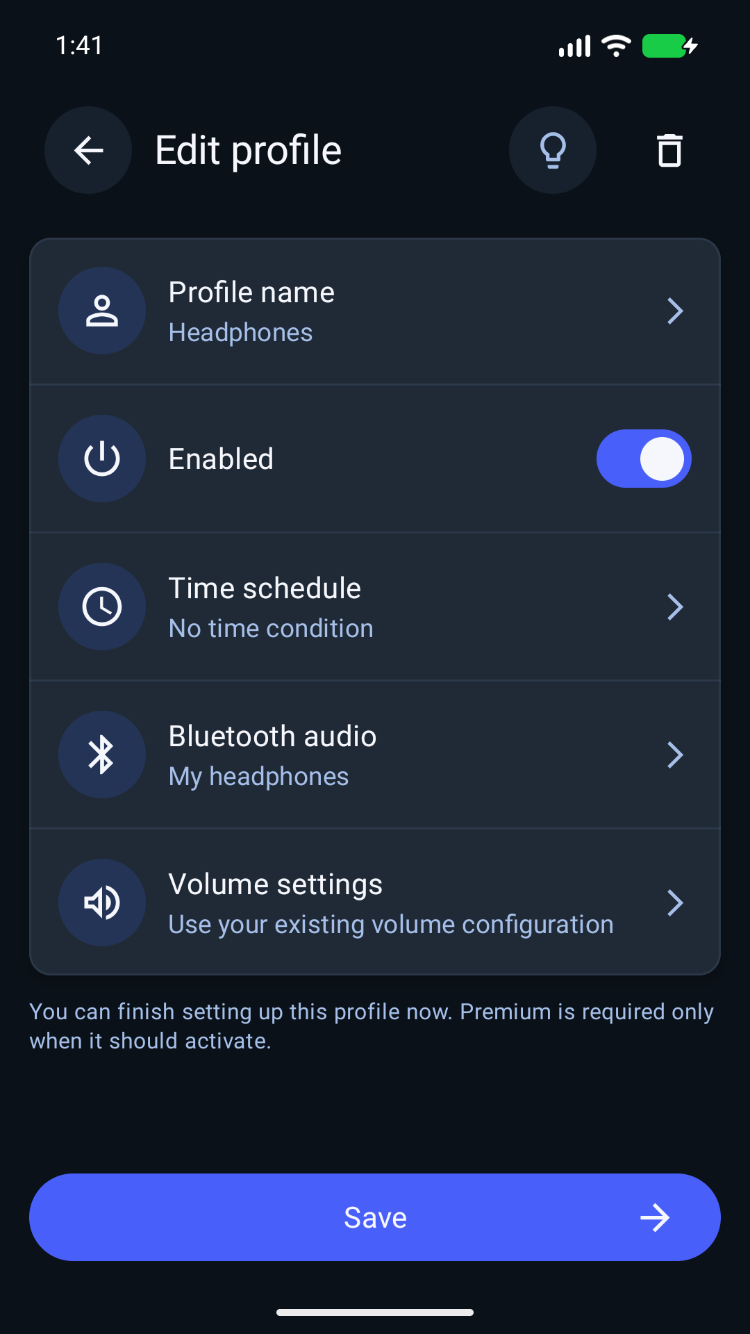 Example Volume Lock profile named Headphones, with My headphones selected as its Bluetooth audio condition.
