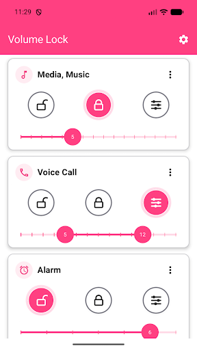 Volume Lock with Media, Music locked and Voice Call in Range mode with two slider handles.